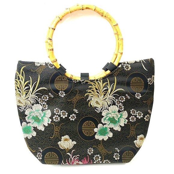 Bamboo Handle Black Asian Print Floral Round Wood Handle Canvas Handbag - Picture 9 of 9